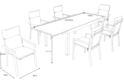 OUTFLEXX Premium Garten-Essgruppe, anthrazit matt/schwarz/natur, Alu/Spraystone, Tisch 160/260 x 100 cm, 6 Stapelsessel inkl. 6 Auflagen