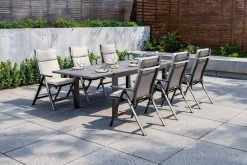OUTFLEXX Premium Garten-Essgruppe, anthrazit matt/schwarz/natur, Alu/Spraystone/Textilene, 160/260 x 100 cm, 6 Klappstühle inkl. 6 Auflagen