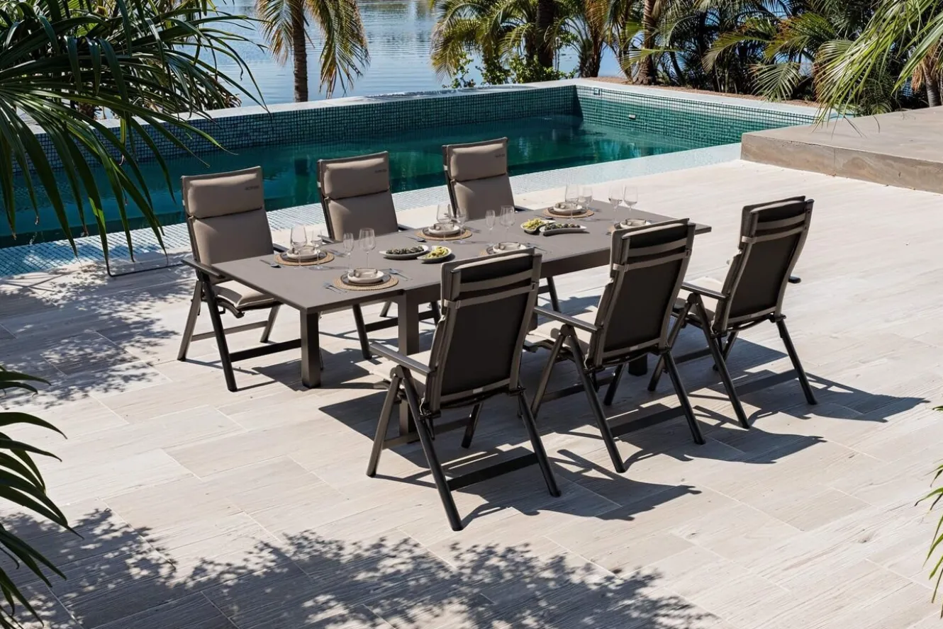 OUTFLEXX Premium Garten-Essgruppe, anthrazit matt/schwarz/natur, Alu/Spraystone/Textilene, 160/260 x 100 cm, 6 Klappstühle inkl. 6 Auflagen