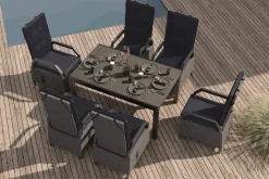 OUTFLEXX Premium Garten-Essgruppe, anthrazit matt/grau, Aluminium Polyrattan, Tisch 160/260 x 100 cm, 6 Dining-Sessel