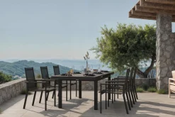 OUTFLEXX Premium Garten-Essgruppe, OUTFLEXX® anthrazit matt, Alu/Textilene, Tisch 180/240x100cm, 6 Stapelsessel