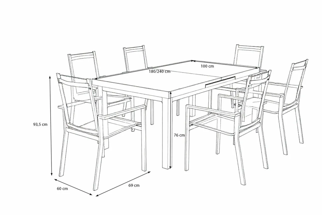 OUTFLEXX Premium Garten-Essgruppe, OUTFLEXX® anthrazit matt, Alu/Textilene, Tisch 180/240x100cm, 6 Stapelsessel