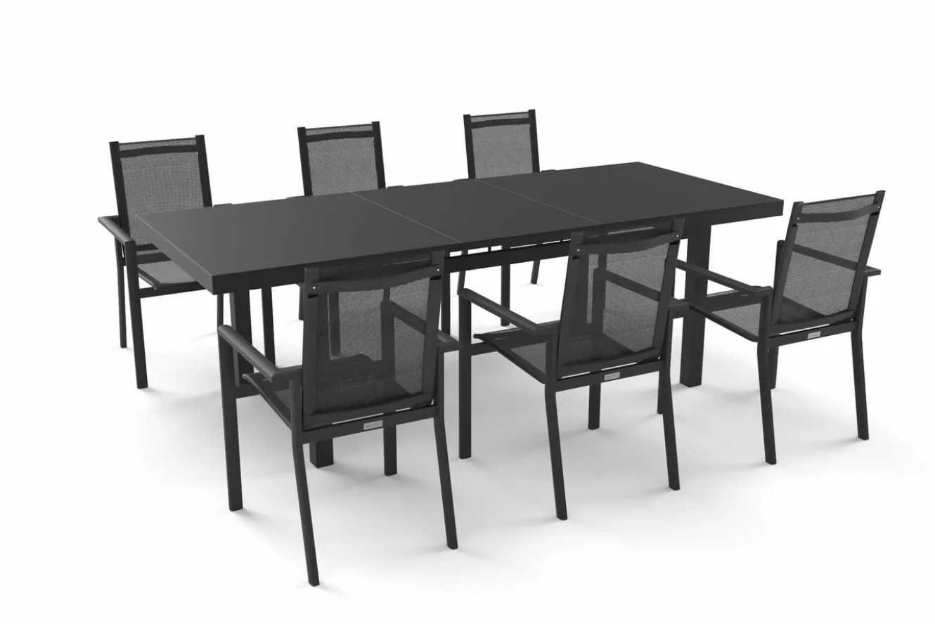 OUTFLEXX Premium Garten-Essgruppe, OUTFLEXX® anthrazit matt, Alu/Textilene, Tisch 180/240x100cm, 6 Stapelsessel