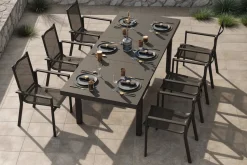 OUTFLEXX Premium Garten-Essgruppe, OUTFLEXX® anthrazit matt, Alu/Textilene, Tisch 180/240x100cm, 6 Stapelsessel