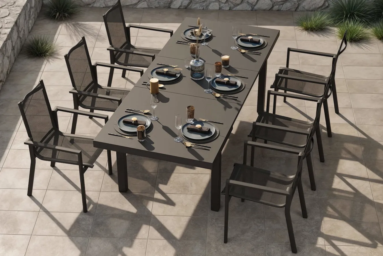 OUTFLEXX Premium Garten-Essgruppe, OUTFLEXX® anthrazit matt, Alu/Textilene, Tisch 180/240x100cm, 6 Stapelsessel