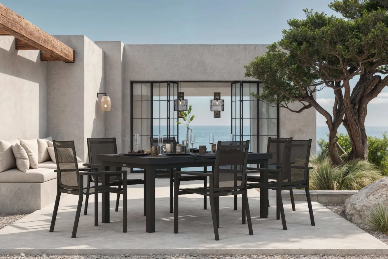 OUTFLEXX Premium Garten-Essgruppe, OUTFLEXX® anthrazit matt, Alu/Textilene, Tisch 180/240x100cm, 6 Stapelsessel