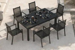 OUTFLEXX Premium Garten-Essgruppe, OUTFLEXX® anthrazit matt, Alu/Textilene, Tisch 180/240x100cm, 6 Stapelsessel