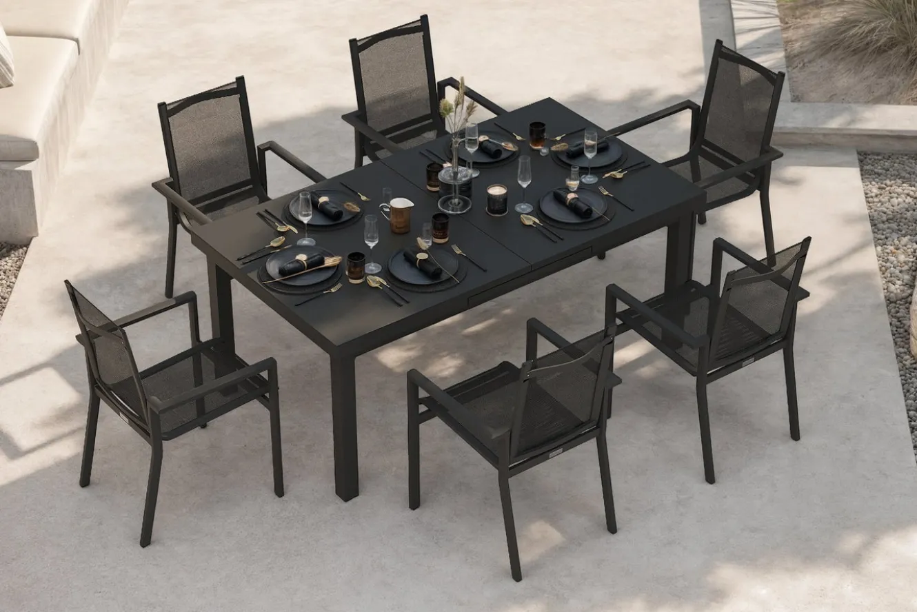 OUTFLEXX Premium Garten-Essgruppe, OUTFLEXX® anthrazit matt, Alu/Textilene, Tisch 180/240x100cm, 6 Stapelsessel
