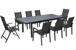 OUTFLEXX Premium Garten-Essgruppe, anthrazit/grau, Alu/Textilene, Ausziehtisch 180/240 x 100 cm, 6 Stapel-, 2 Klappstühle