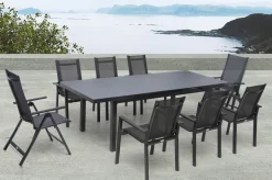 OUTFLEXX Premium Garten-Essgruppe, anthrazit/grau, Alu/Textilene, Ausziehtisch 180/240 x 100 cm, 6 Stapel-, 2 Klappstühle