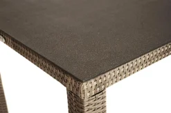 OUTFLEXX Rabida Balkon-Set, champagner-meliert, Polyrattan, Tisch 90x90 cm, 2 Stapelstühle, Glasplatte in Steinoptik