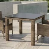 OUTFLEXX Rabida Balkon-Set, champagner-meliert, Polyrattan, Tisch 90x90 cm, 2 Stapelsessel, Glasplatte in Steinoptik