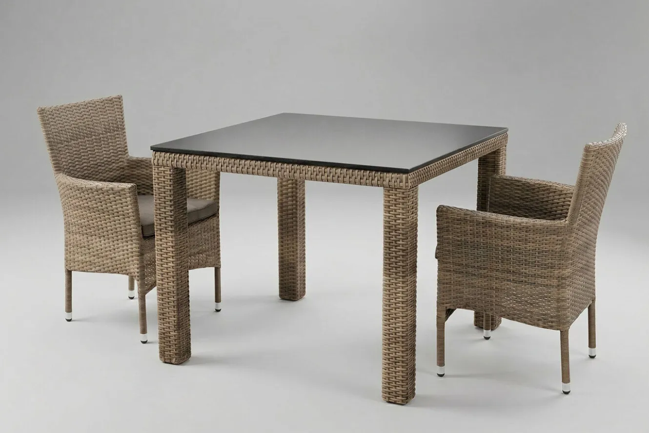 OUTFLEXX Rabida Balkon-Set, champagner-meliert, Polyrattan, Tisch 90x90 cm, 2 Stapelsessel, Glasplatte in Steinoptik