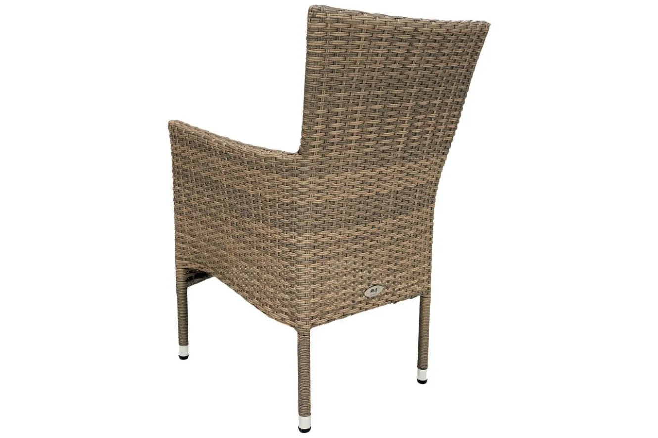 OUTFLEXX Rabida Balkon-Set, champagner-meliert, Polyrattan, Tisch 90x90 cm, 2 Stapelsessel, Glasplatte in Steinoptik