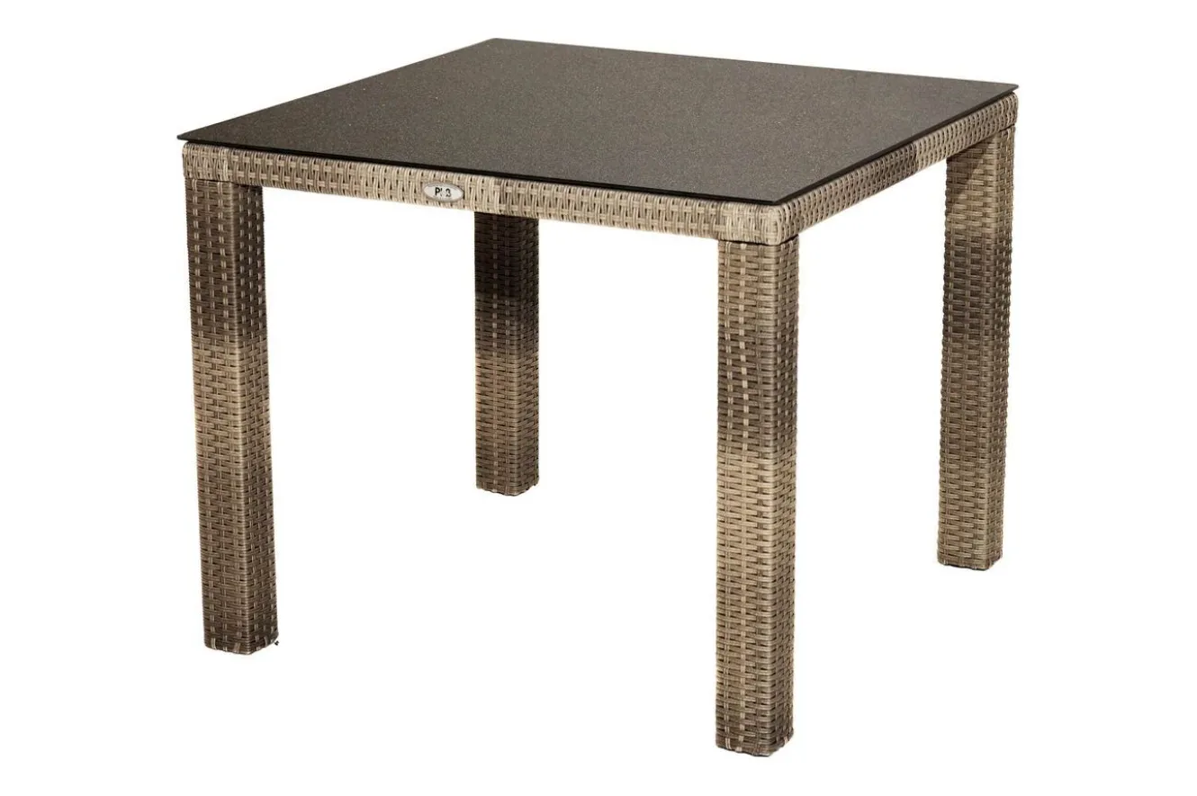 OUTFLEXX Rabida Balkon-Set, champagner-meliert, Polyrattan, Tisch 90x90 cm, 2 Stapelsessel, Glasplatte in Steinoptik