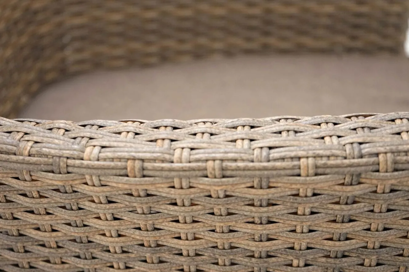 OUTFLEXX Rabida Balkon-Set, champagner-meliert, Polyrattan, Tisch 90x90 cm, 2 Stapelsessel, Glasplatte in Steinoptik