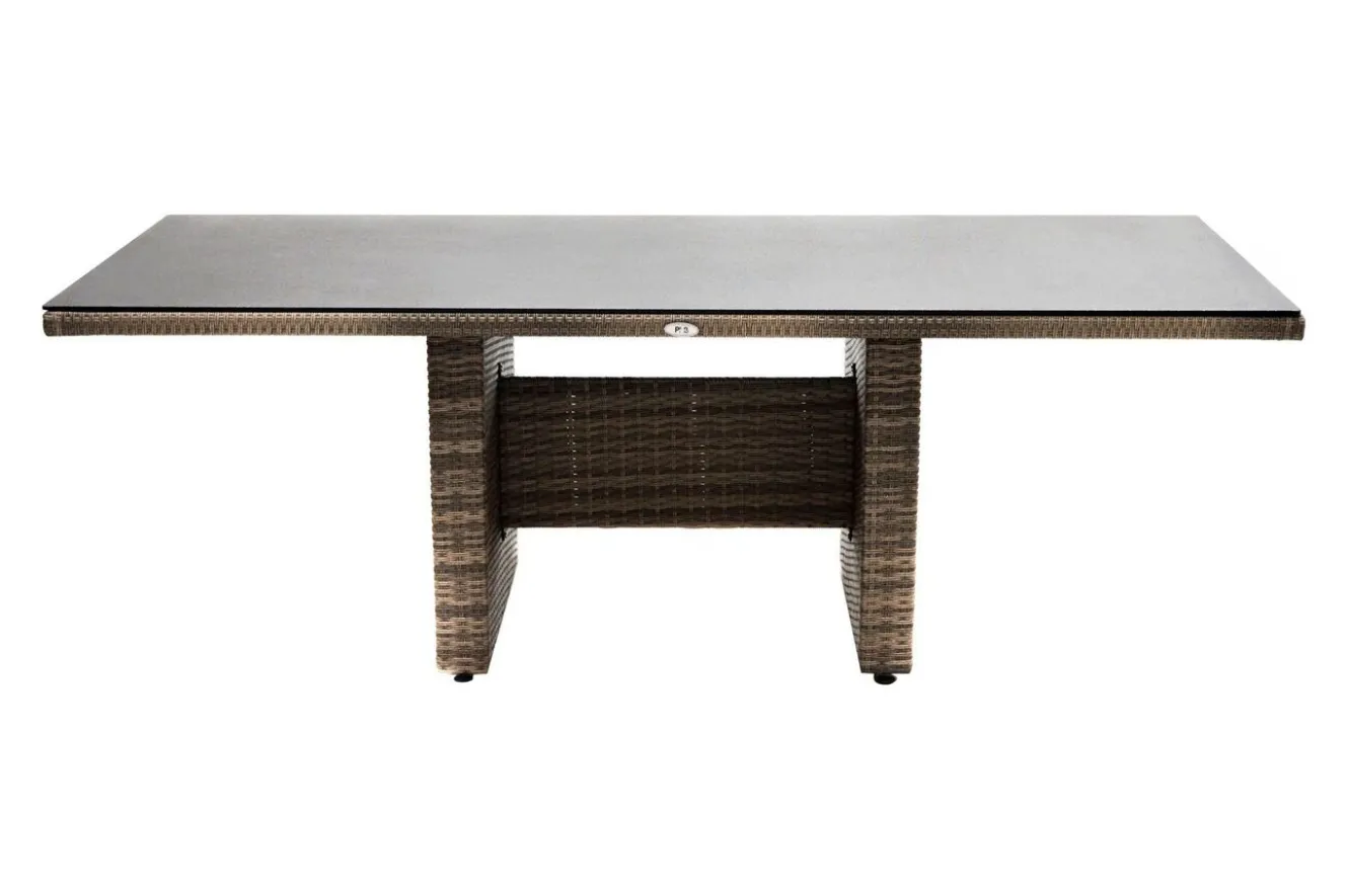 OUTFLEXX Rabida Dining Tisch, champagner-meliert, Polyrattan, 220 x 100 cm, Glasplatte in Steinoptik