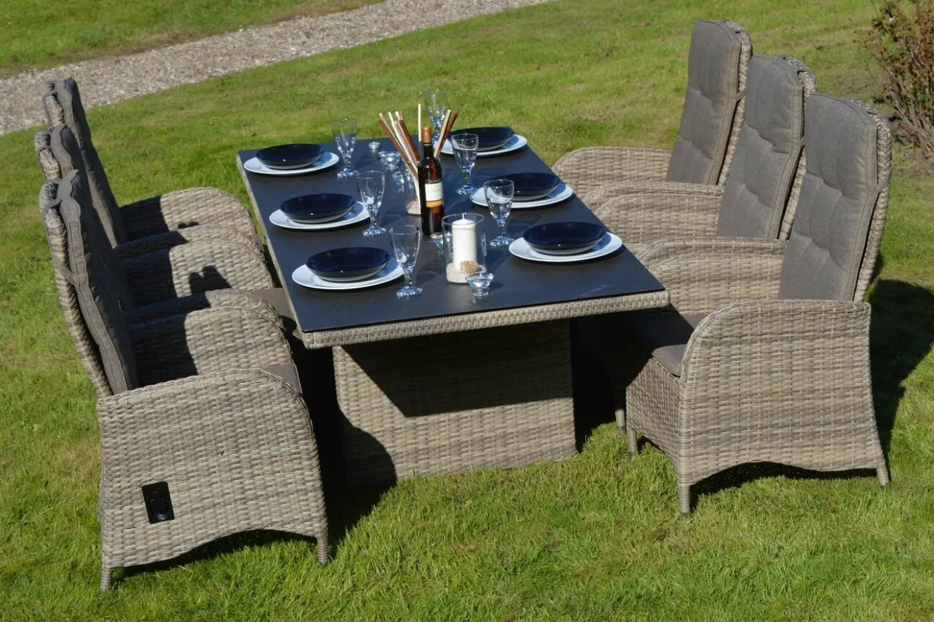 OUTFLEXX Rabida Dining Tisch, champagner-meliert, Polyrattan, 220 x 100 cm, Glasplatte in Steinoptik