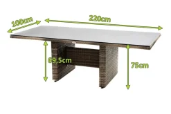 OUTFLEXX Rabida Dining Tisch, champagner-meliert, Polyrattan, 220 x 100 cm, Glasplatte in Steinoptik