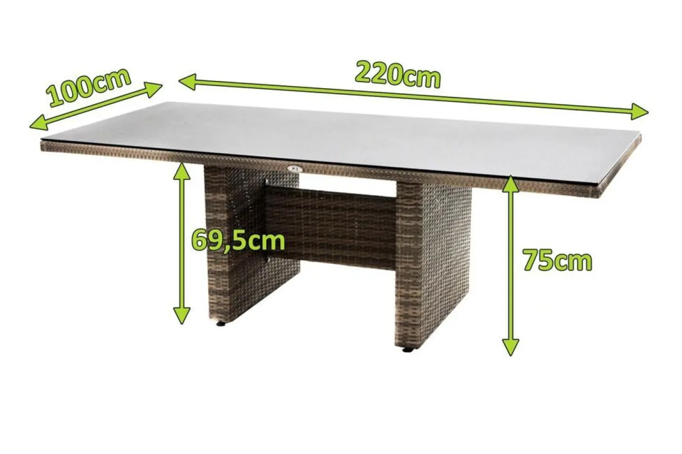 OUTFLEXX Rabida Dining Tisch, champagner-meliert, Polyrattan, 220 x 100 cm, Glasplatte in Steinoptik
