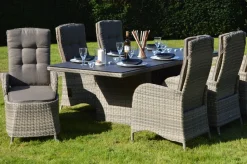 OUTFLEXX Rabida Dining Tisch, champagner-meliert, Polyrattan, 220 x 100 cm, Glasplatte in Steinoptik