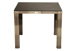 OUTFLEXX Rabida Dining Tisch, champagner-meliert, Polyrattan, 90 x 90 cm, Glasplatte in Steinoptik