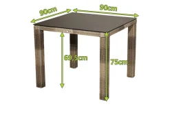 OUTFLEXX Rabida Dining Tisch, champagner-meliert, Polyrattan, 90 x 90 cm, Glasplatte in Steinoptik