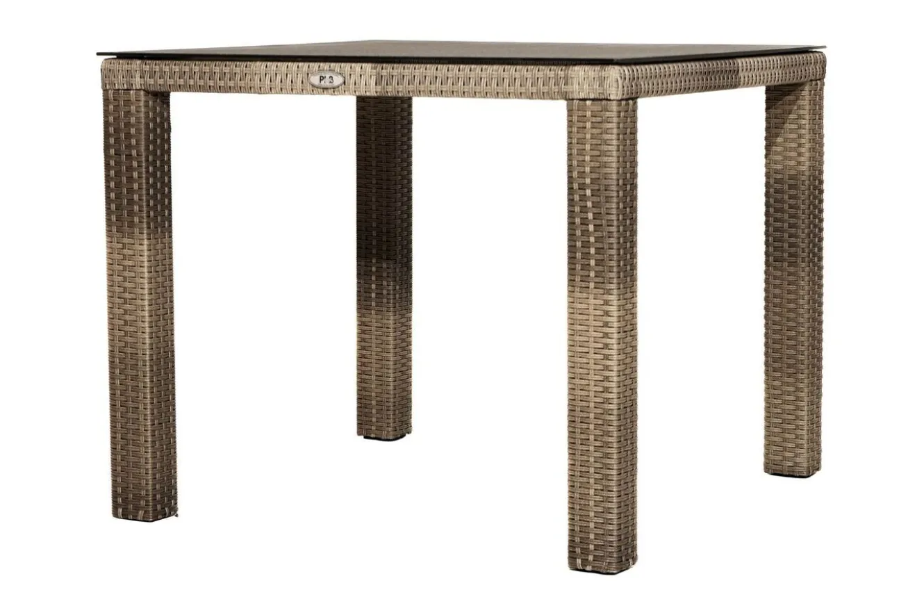 OUTFLEXX Rabida Dining Tisch, champagner-meliert, Polyrattan, 90 x 90 cm, Glasplatte in Steinoptik
