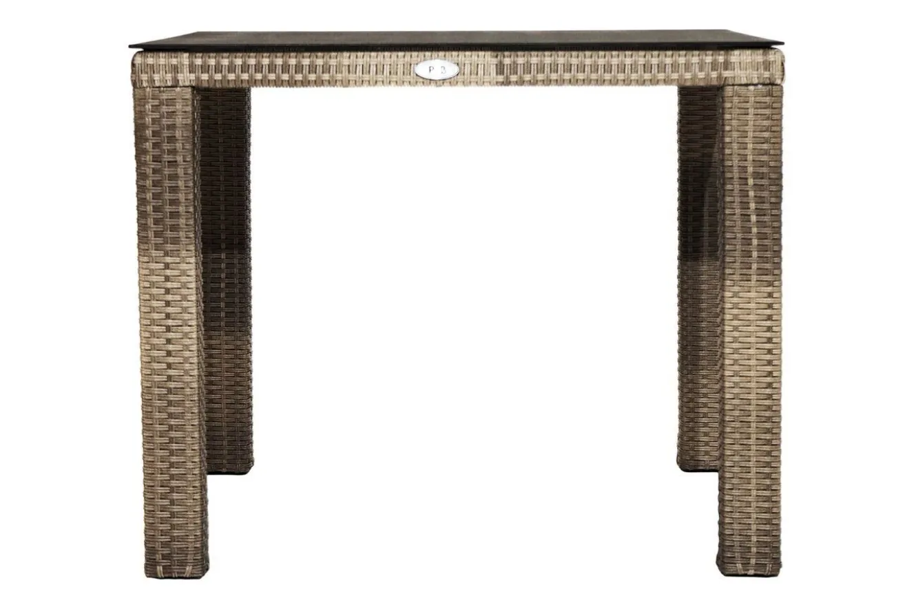 OUTFLEXX Rabida Dining Tisch, champagner-meliert, Polyrattan, 90 x 90 cm, Glasplatte in Steinoptik
