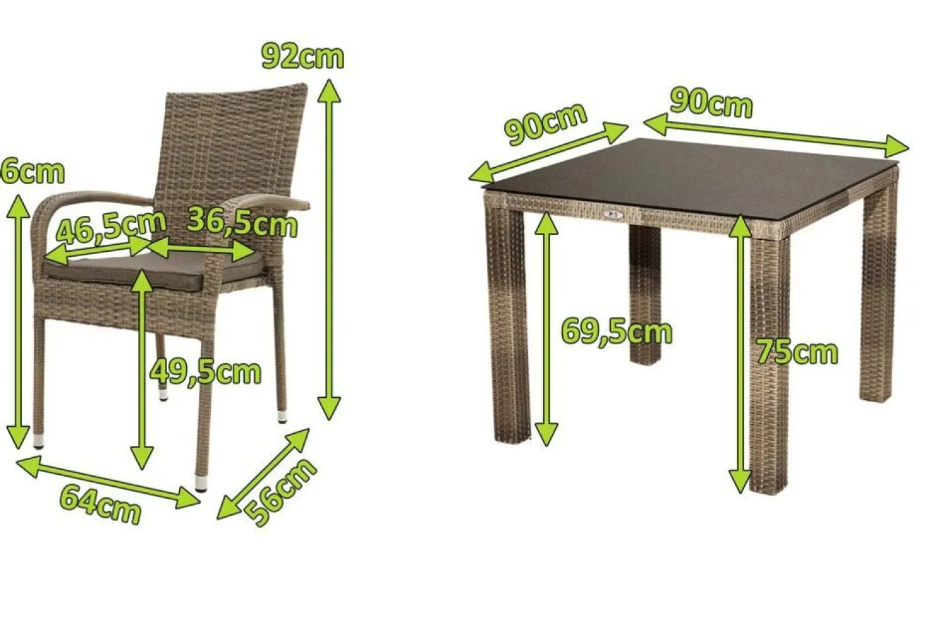 OUTFLEXX Rabida Garten-Essgruppe, champagner-meliert, Polyrattan, Tisch 90 x 90 cm, 4 Stapelstühle, Glasplatte in Steinoptik
