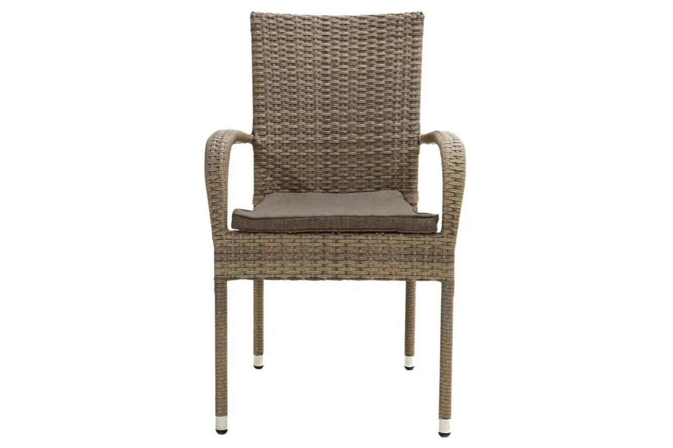 OUTFLEXX Rabida Garten-Essgruppe, champagner-meliert, Polyrattan, Tisch 90 x 90 cm, 4 Stapelstühle, Glasplatte in Steinoptik