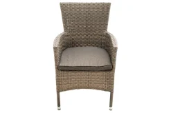 OUTFLEXX Rabida Garten-Essgruppe, champagner-meliert, Polyrattan, Tisch 90 x 90 cm, 4 Stapelsessel, Glasplatte in Steinoptik