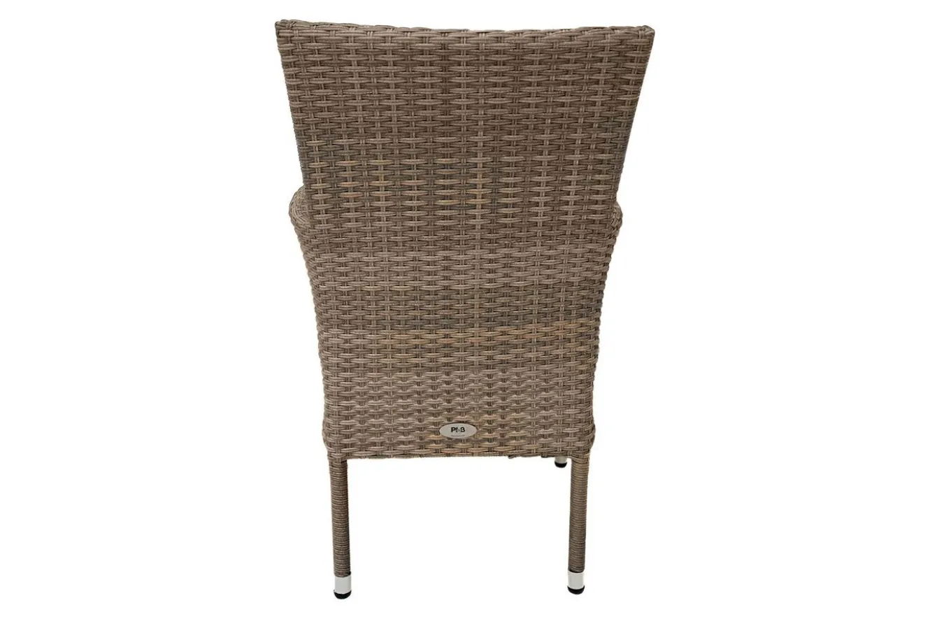 OUTFLEXX Rabida Garten-Essgruppe, champagner-meliert, Polyrattan, Tisch 90 x 90 cm, 4 Stapelsessel, Glasplatte in Steinoptik