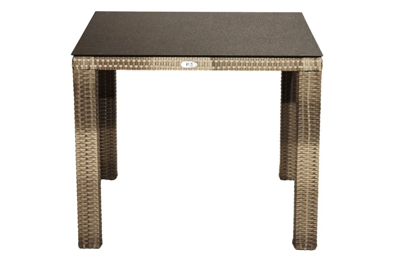OUTFLEXX Rabida Garten-Essgruppe, champagner-meliert, Polyrattan, Tisch 90 x 90 cm, 4 Stapelsessel, Glasplatte in Steinoptik