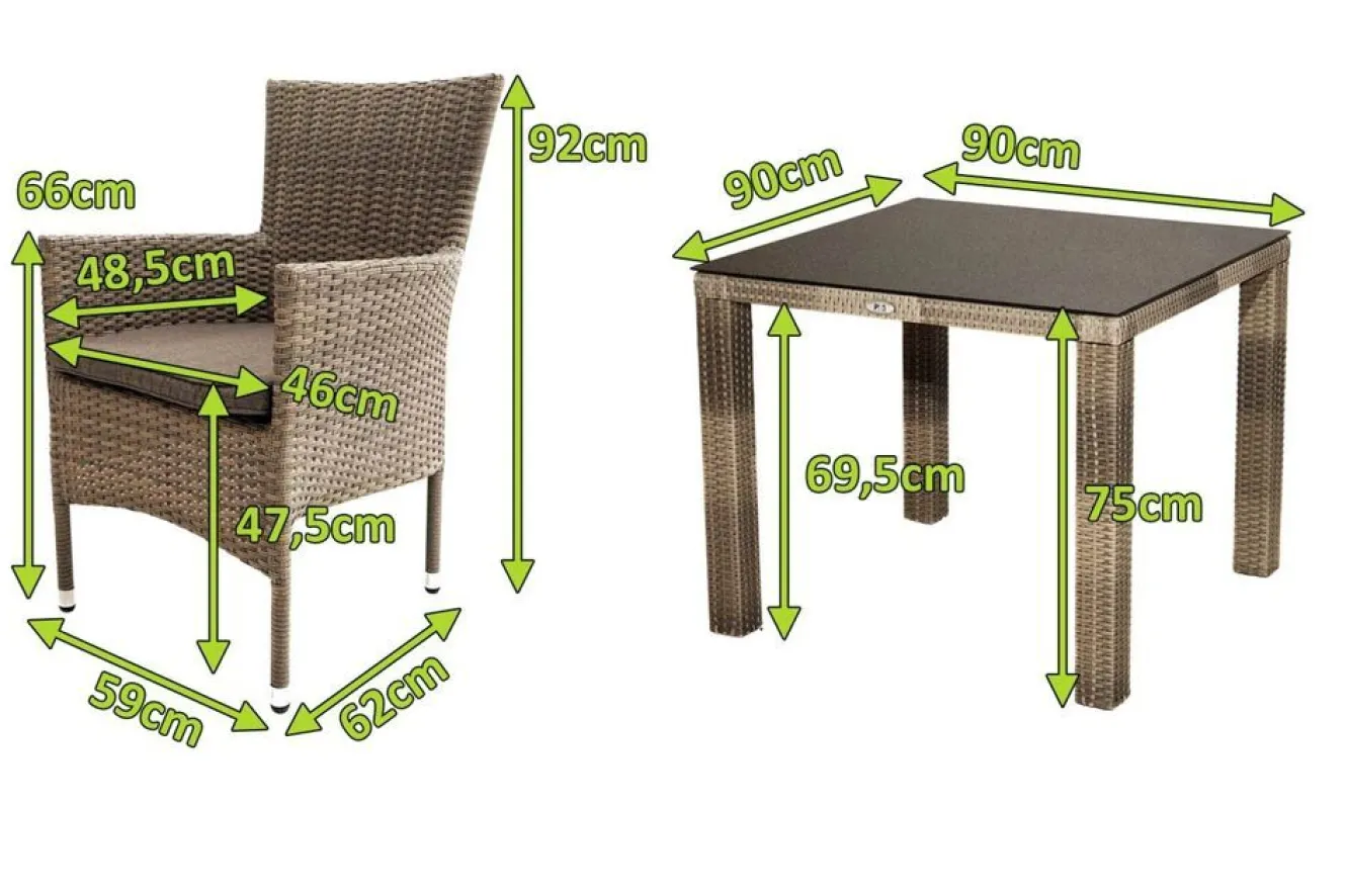 OUTFLEXX Rabida Garten-Essgruppe, champagner-meliert, Polyrattan, Tisch 90 x 90 cm, 4 Stapelsessel, Glasplatte in Steinoptik