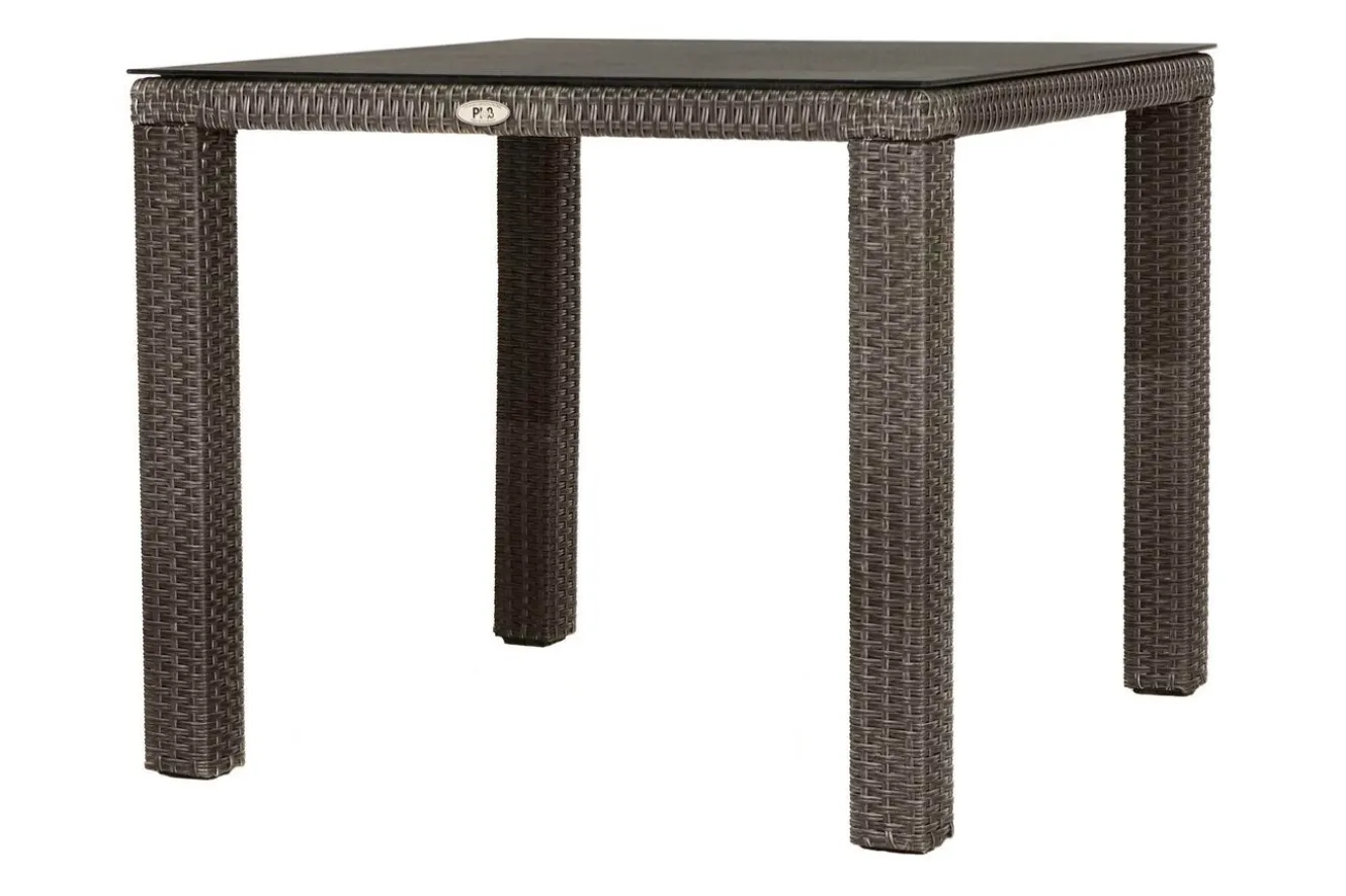 OUTFLEXX Rocking Balkon-Set, grau/braun-meliert, Polyrattan, Tisch 90x90 cm, 2 Stapelstühle, Glasplatte in Steinoptik