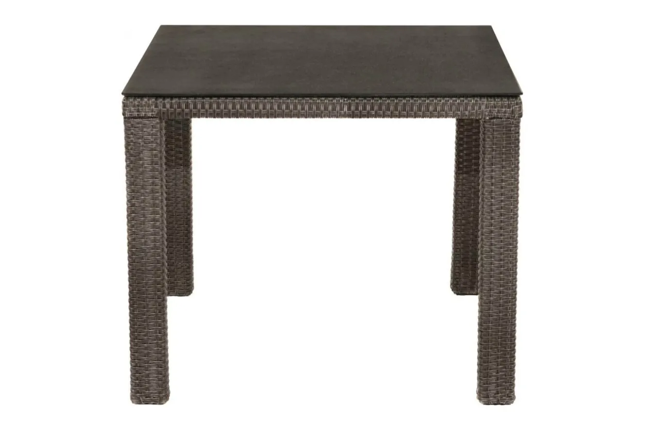 OUTFLEXX Rocking Balkon-Set, grau/braun-meliert, Polyrattan, Tisch 90x90 cm, 2 Stapelstühle, Glasplatte in Steinoptik