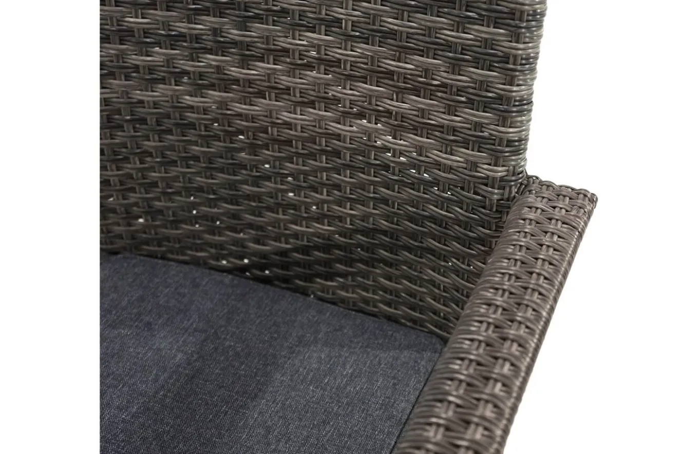 OUTFLEXX Rocking Balkon-Set, grau/braun-meliert, Polyrattan, Tisch 90x90 cm, 2 Stapelstühle, Glasplatte in Steinoptik