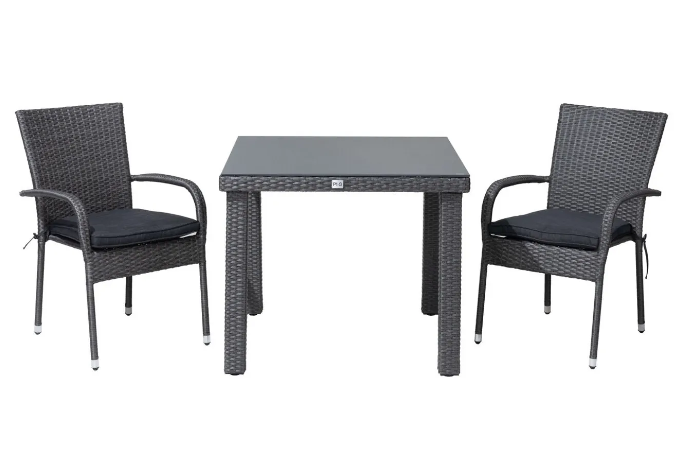 OUTFLEXX Rocking Balkon-Set, grau/braun-meliert, Polyrattan, Tisch 90x90 cm, 2 Stapelstühle, Glasplatte in Steinoptik