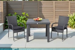 OUTFLEXX Rocking Balkon-Set, grau/braun-meliert, Polyrattan, Tisch 90x90 cm, 2 Stapelstühle, Glasplatte in Steinoptik