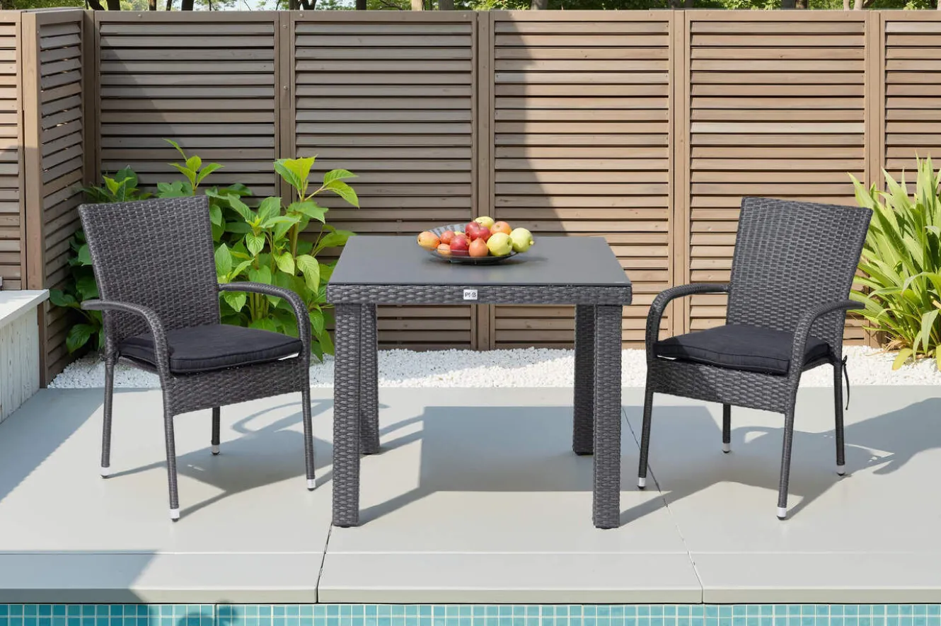 OUTFLEXX Rocking Balkon-Set, grau/braun-meliert, Polyrattan, Tisch 90x90 cm, 2 Stapelstühle, Glasplatte in Steinoptik