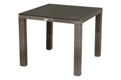 OUTFLEXX Rocking Balkon-Set, grau/braun-meliert, Polyrattan, Tisch 90x90 cm, 2 Stapelsessel, Glasplatte in Steinoptik