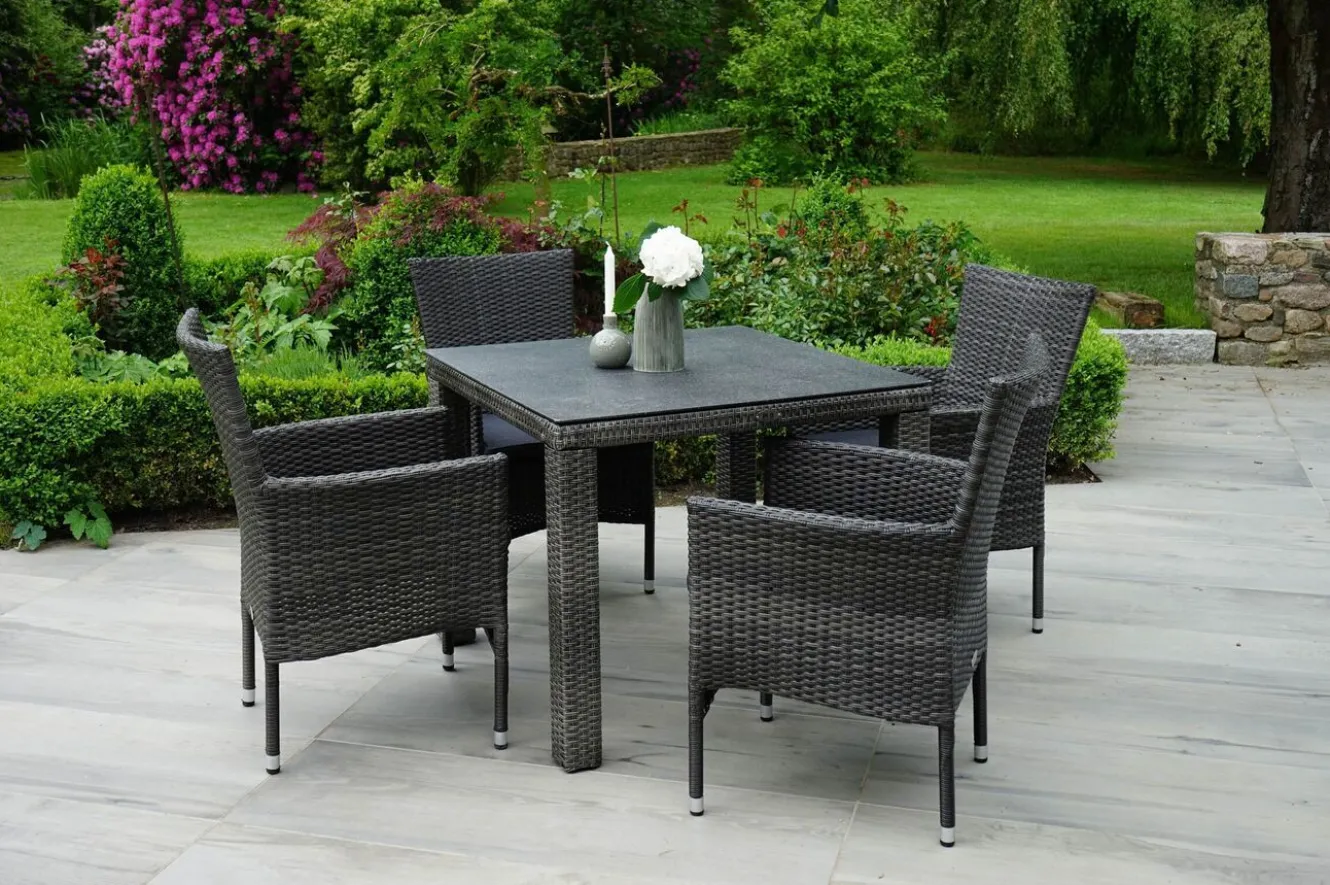 OUTFLEXX Rocking Balkon-Set, grau/braun-meliert, Polyrattan, Tisch 90x90 cm, 2 Stapelsessel, Glasplatte in Steinoptik