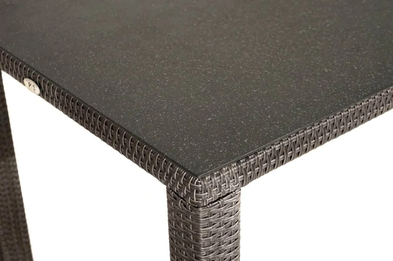 OUTFLEXX Rocking Balkon-Set, grau/braun-meliert, Polyrattan, Tisch 90x90 cm, 2 Stapelsessel, Glasplatte in Steinoptik
