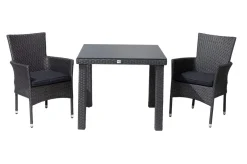 OUTFLEXX Rocking Balkon-Set, grau/braun-meliert, Polyrattan, Tisch 90x90 cm, 2 Stapelsessel, Glasplatte in Steinoptik