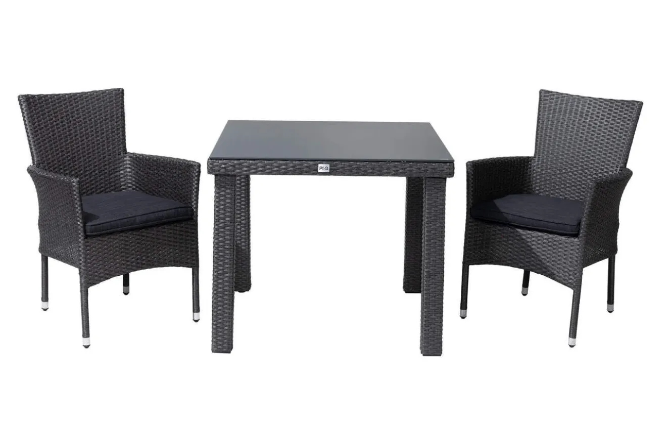 OUTFLEXX Rocking Balkon-Set, grau/braun-meliert, Polyrattan, Tisch 90x90 cm, 2 Stapelsessel, Glasplatte in Steinoptik