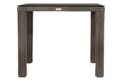 OUTFLEXX Rocking Balkon-Set, grau/braun-meliert, Polyrattan, Tisch 90x90 cm, 2 Stapelsessel, Glasplatte in Steinoptik