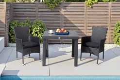 OUTFLEXX Rocking Balkon-Set, grau/braun-meliert, Polyrattan, Tisch 90x90 cm, 2 Stapelsessel, Glasplatte in Steinoptik