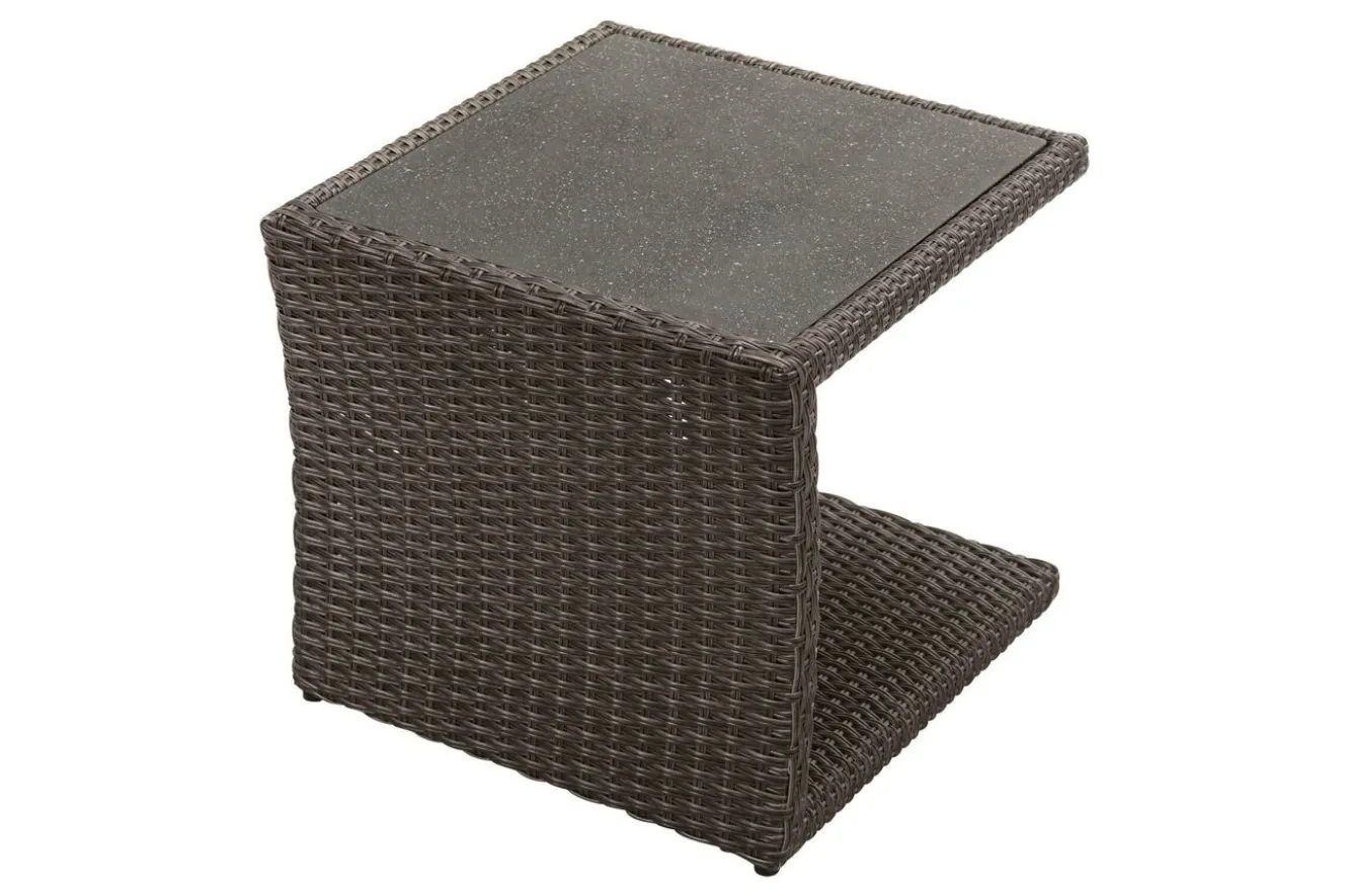 OUTFLEXX Rocking Beistelltisch, grau/braun-meliert, Polyrattan, 50x45x50 cm, Glasplatte in Steinoptik
