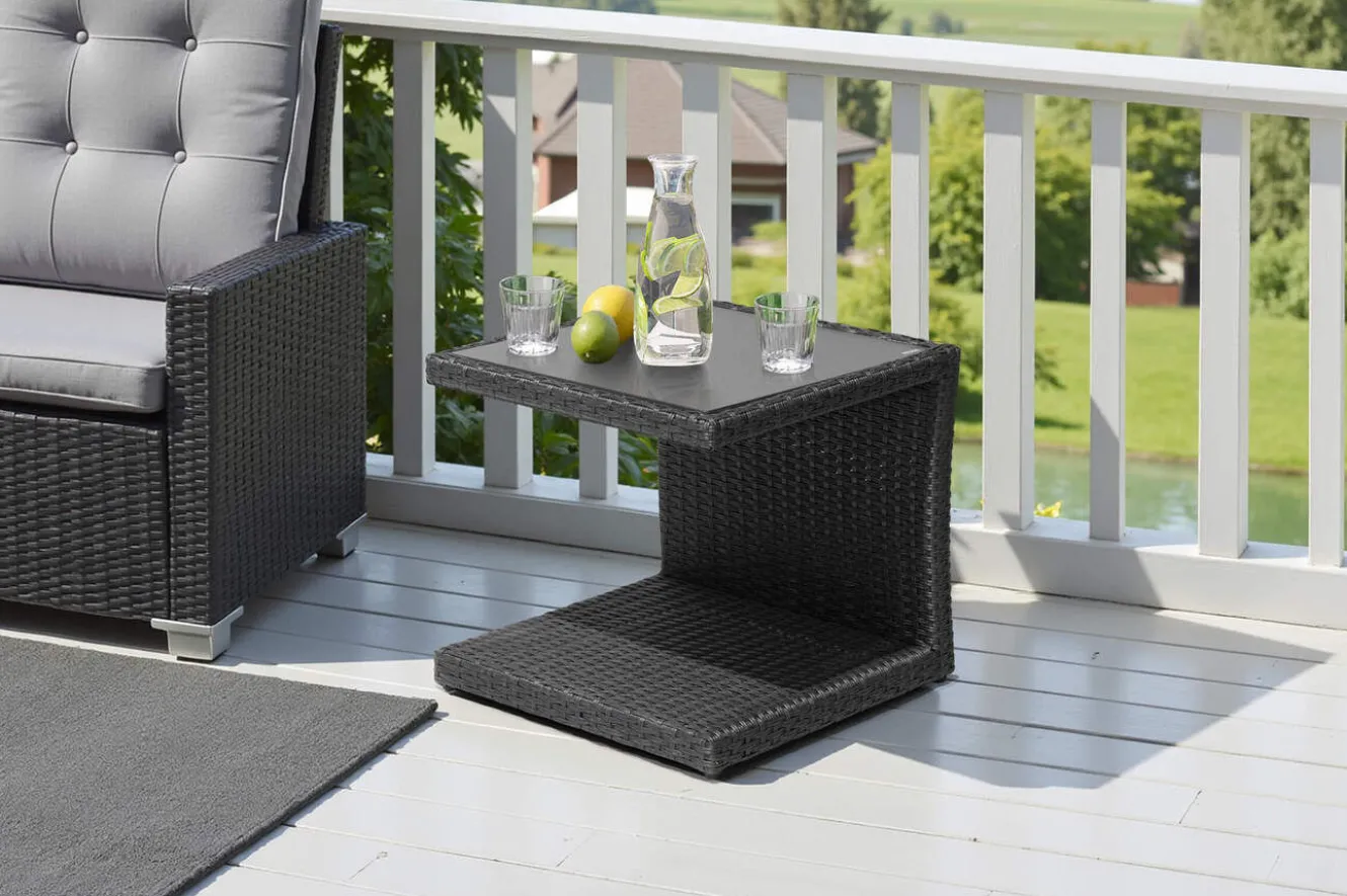 OUTFLEXX Rocking Beistelltisch, grau/braun-meliert, Polyrattan, 50x45x50 cm, Glasplatte in Steinoptik